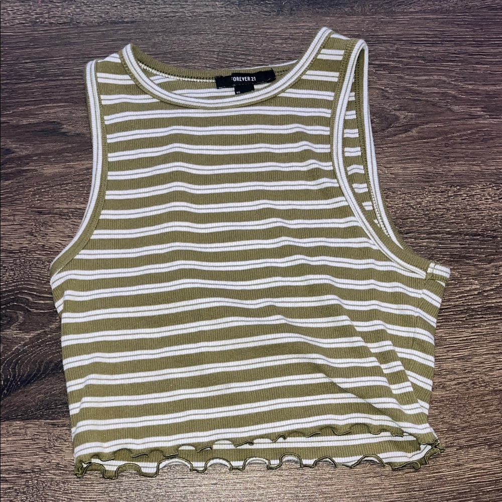 Forever 21 Olive and White Striped Tank Top